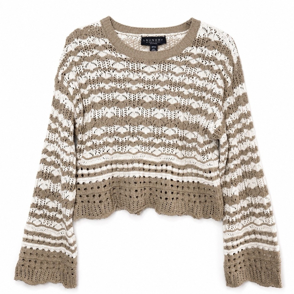 Laundry By Shelli Segal Crochet Sweater Large Tan & White Resort Beach Coastal